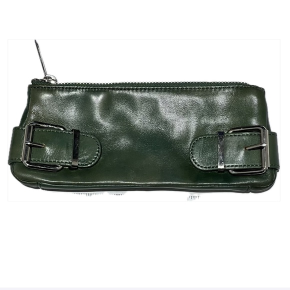 Banana Republic green leather clutch w/ silver buckle detail & exposed zipper. - Picture 1 of 4